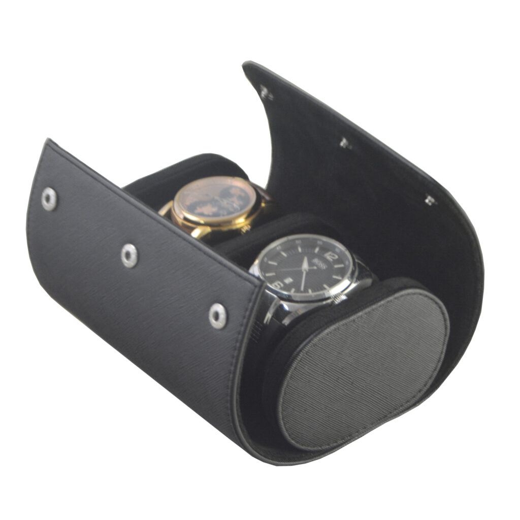 Black double watch travel case opened to show two watches and snap button panels