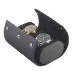 Black double watch travel case opened to show two watches and snap button panels