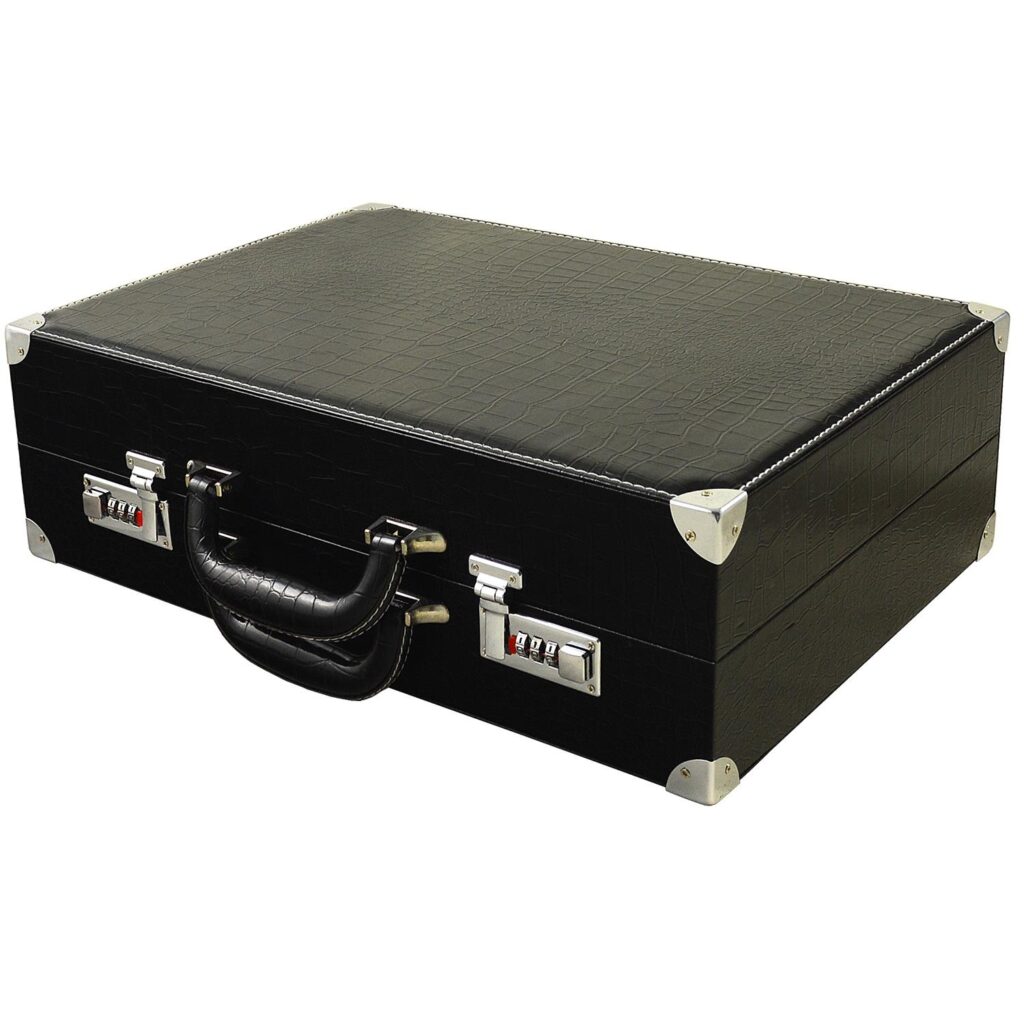 Top view of black 48 slot watch case with handle and secure closure