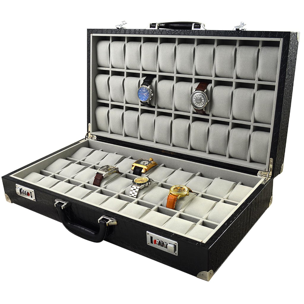 Luxury watch suitcase display case with PU leather exterior and organized compartments