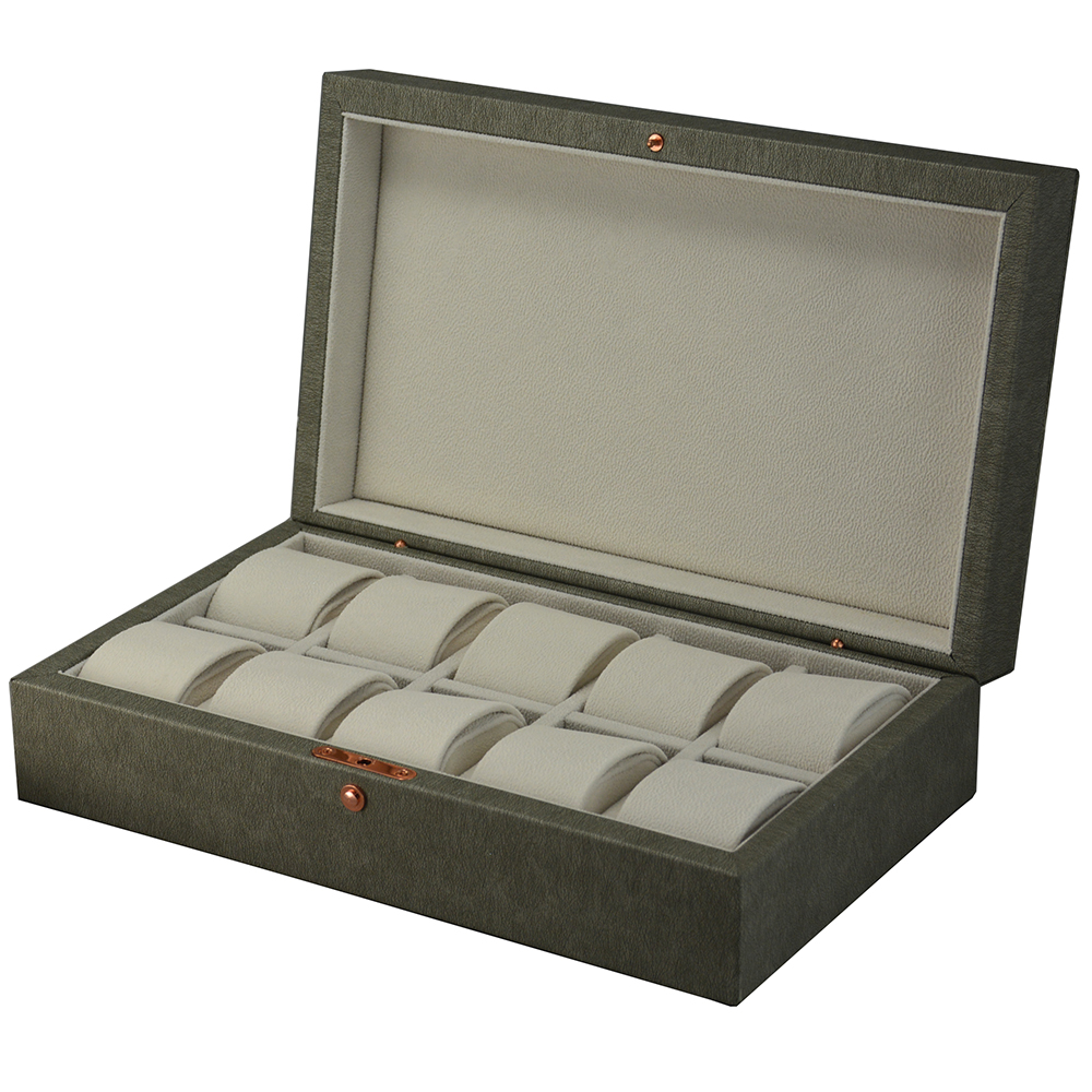 10 watch display box with beige velvet interior and watch compartments