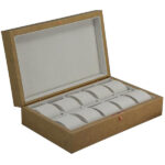 Yellow leather watch box with ten individual watch compartments and velvet cushions