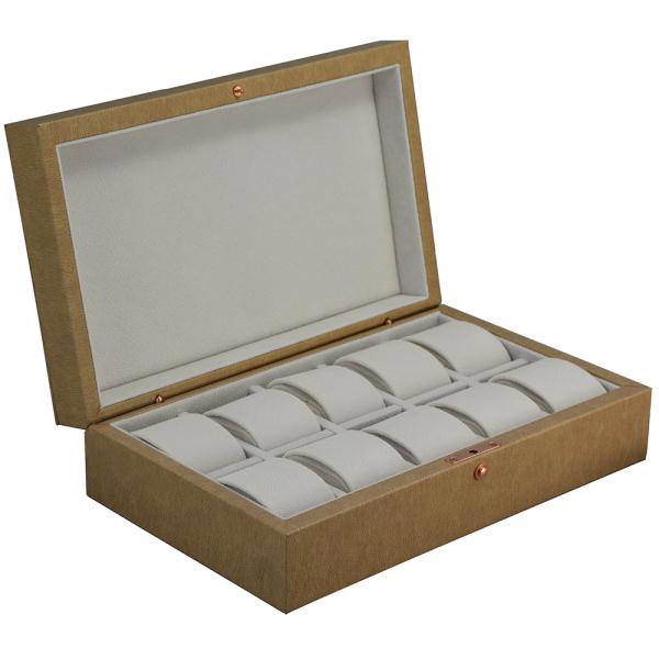 Yellow leather watch box with ten individual watch compartments and velvet cushions