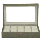 Grey leather watch presentation box with acrylic display window and beige velvet interior
