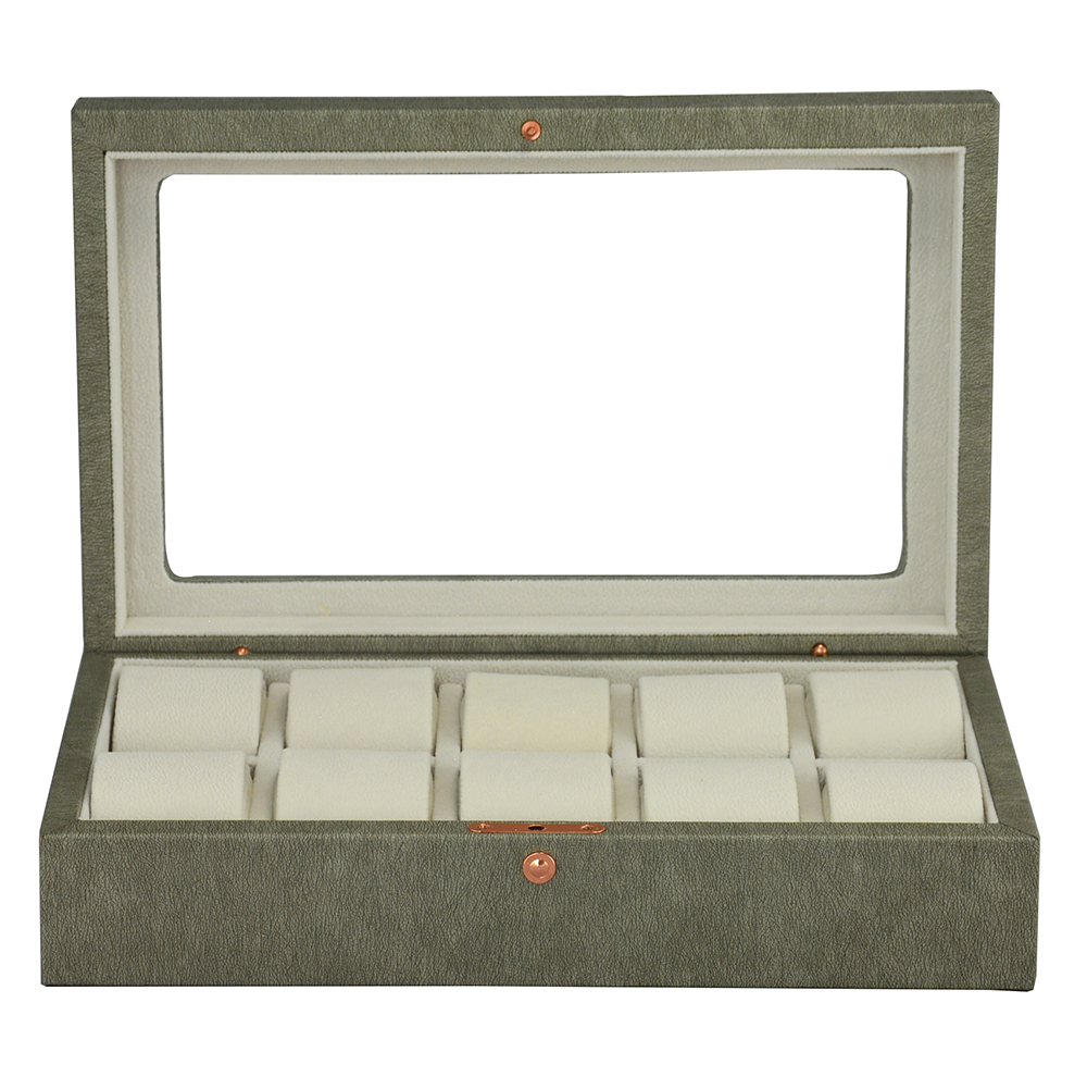 Grey leather watch presentation box with acrylic display window and beige velvet interior