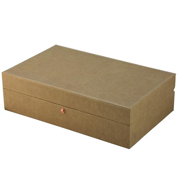 Open yellow leather watch display case with organized watch cushion slots