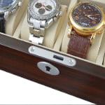 Watch case hinge hardware detail with velvet interior lining