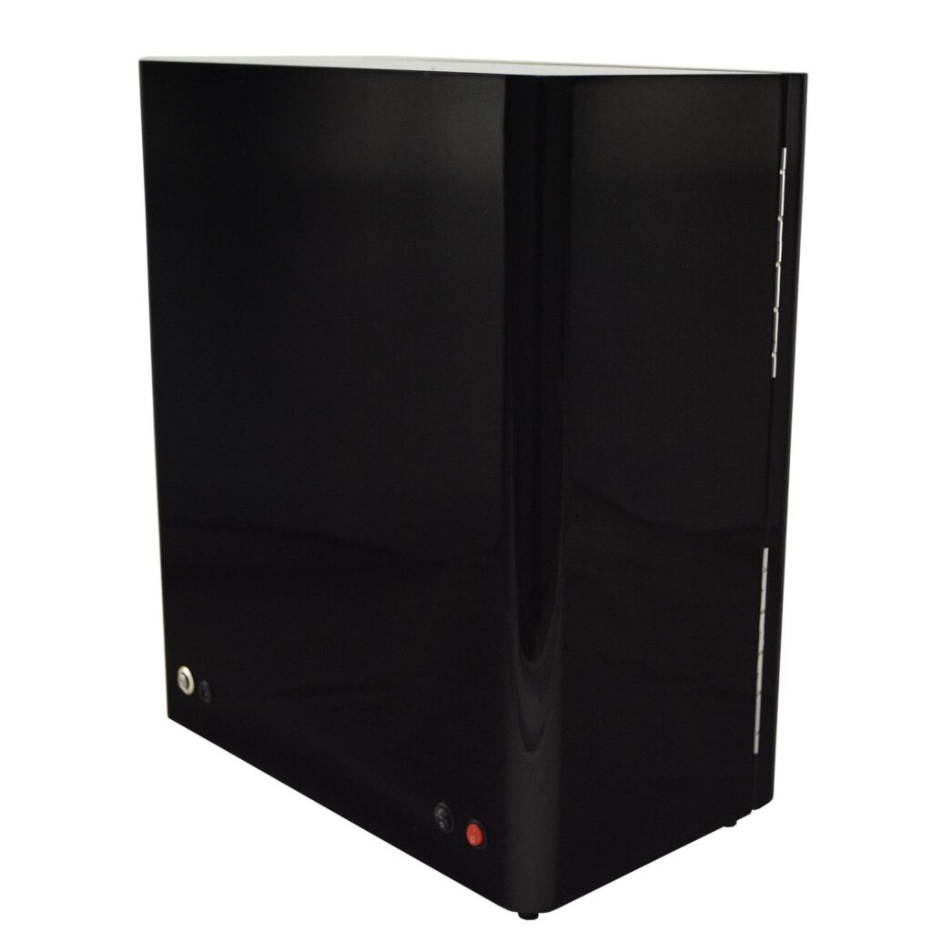 Rear view of 9 watch winder showing high-gloss black cabinet, hinges and rear controls