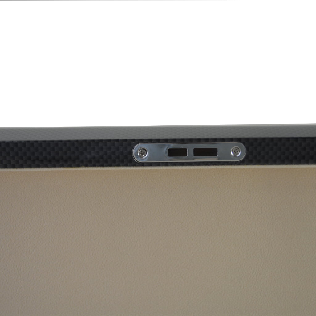Carbon fiber watch case hinge detail with velvet interior