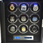 9 watch winder interior with nine watches, illuminated winding positions and touchscreen controls