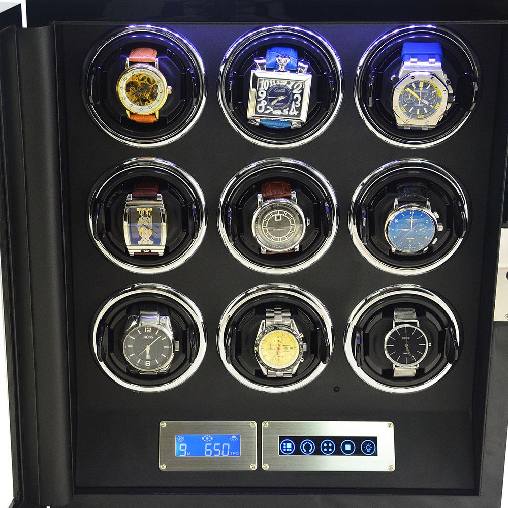 9 watch winder interior with nine watches, illuminated winding positions and touchscreen controls