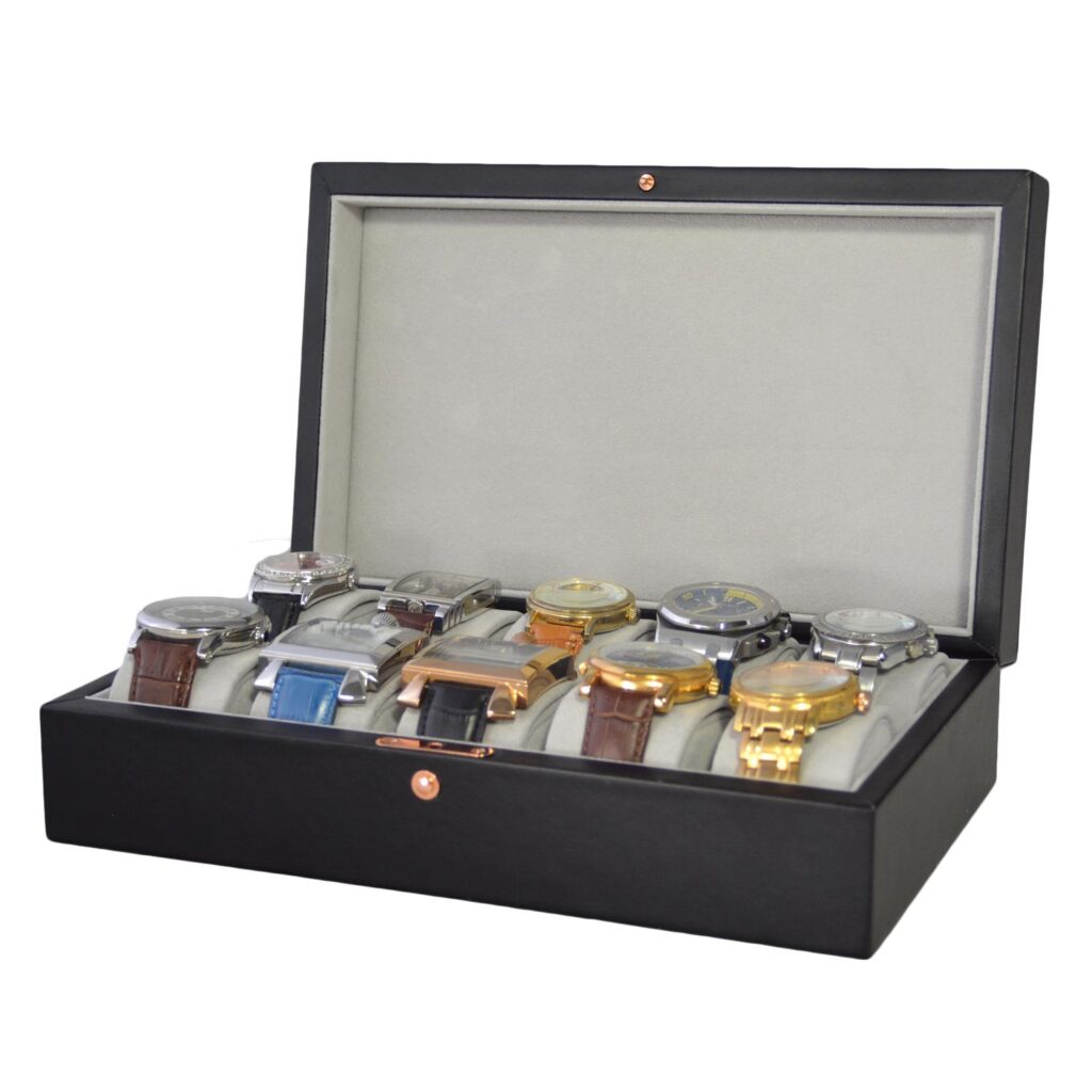 Open PU leather watch case displaying multiple watches on velvet cushions