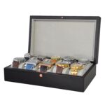 Open PU leather watch case displaying multiple watches on velvet cushions
