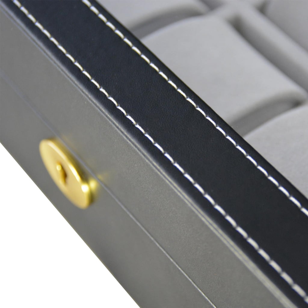 Close view of PU leather watch box stitching detail and glass display frame