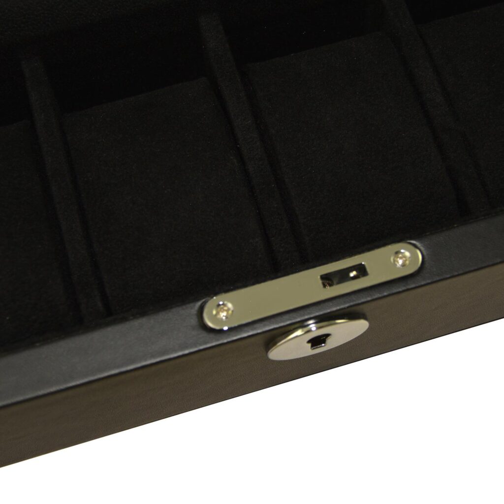 Black leather watch box hinge detail with structured construction