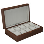 10 slot watch organizer with brown PU leather exterior and beige velvet interior