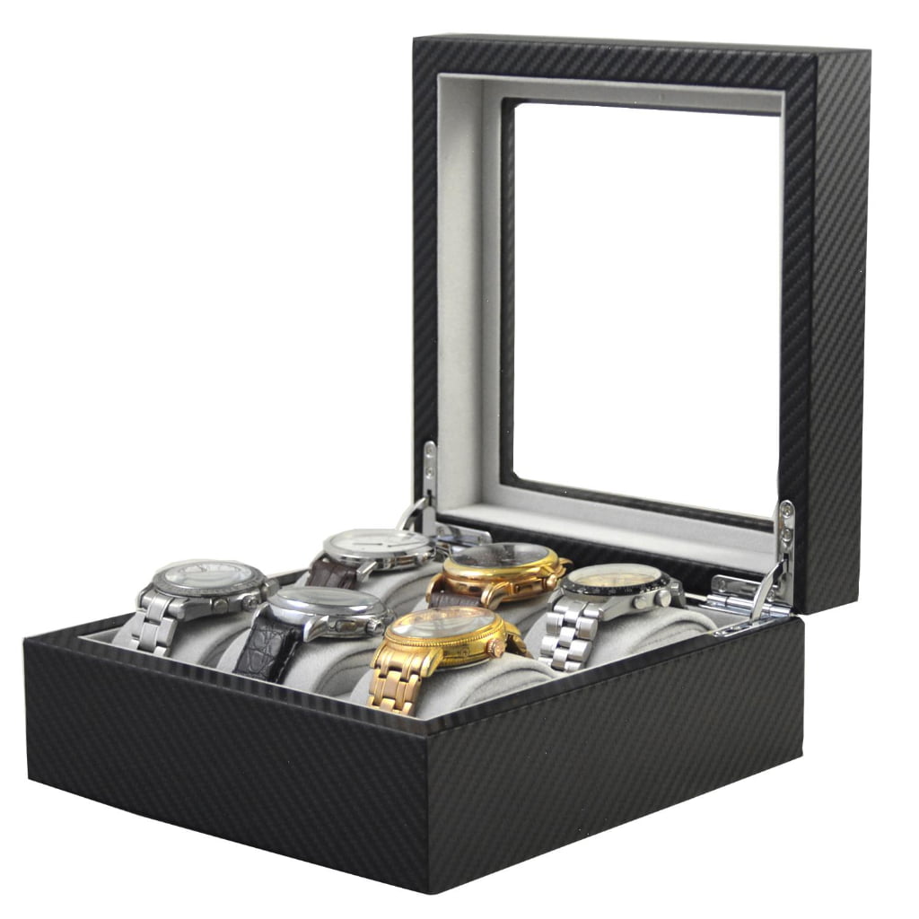 Open carbon fiber 6-watch box displaying six watches on grey velvet cushions