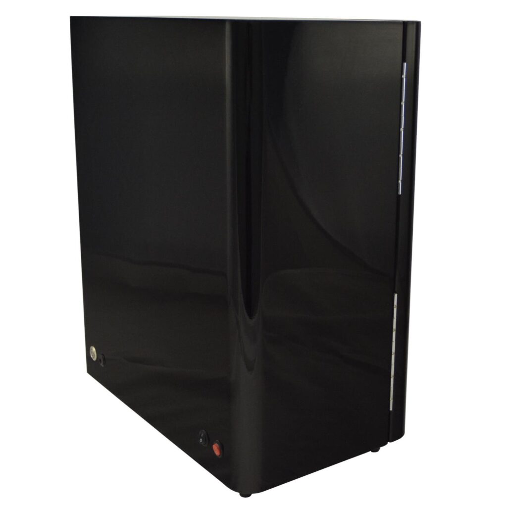 Rear view of 9 watch winder with high-gloss lacquered MDF cabinet, hinges and rear controls