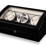Premium watch winder storage case with black exterior beige interior and glass display window
