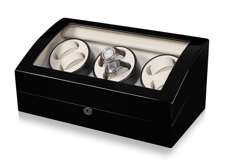 Premium watch winder storage case with black exterior beige interior and glass display window