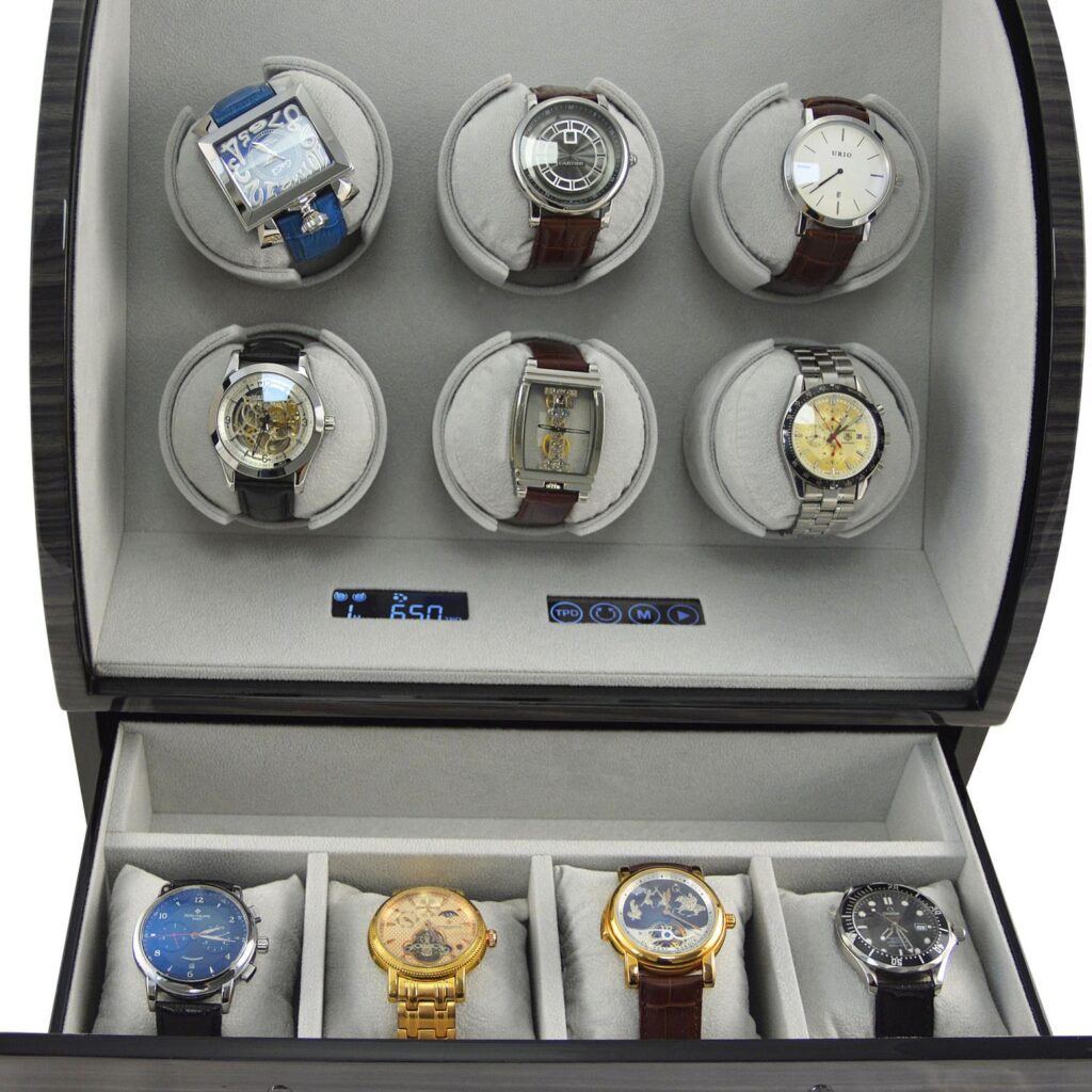 Dark oak automatic watch winder interior detail with touch sreen