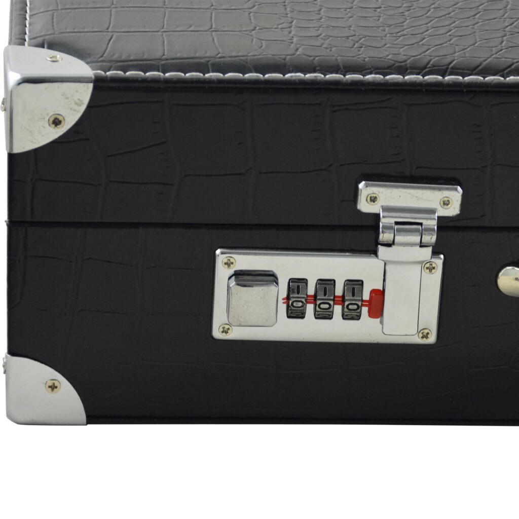 Combination lock detail on black PU leather watch suitcase exterior