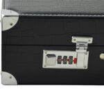 Combination lock detail on black PU leather watch suitcase exterior