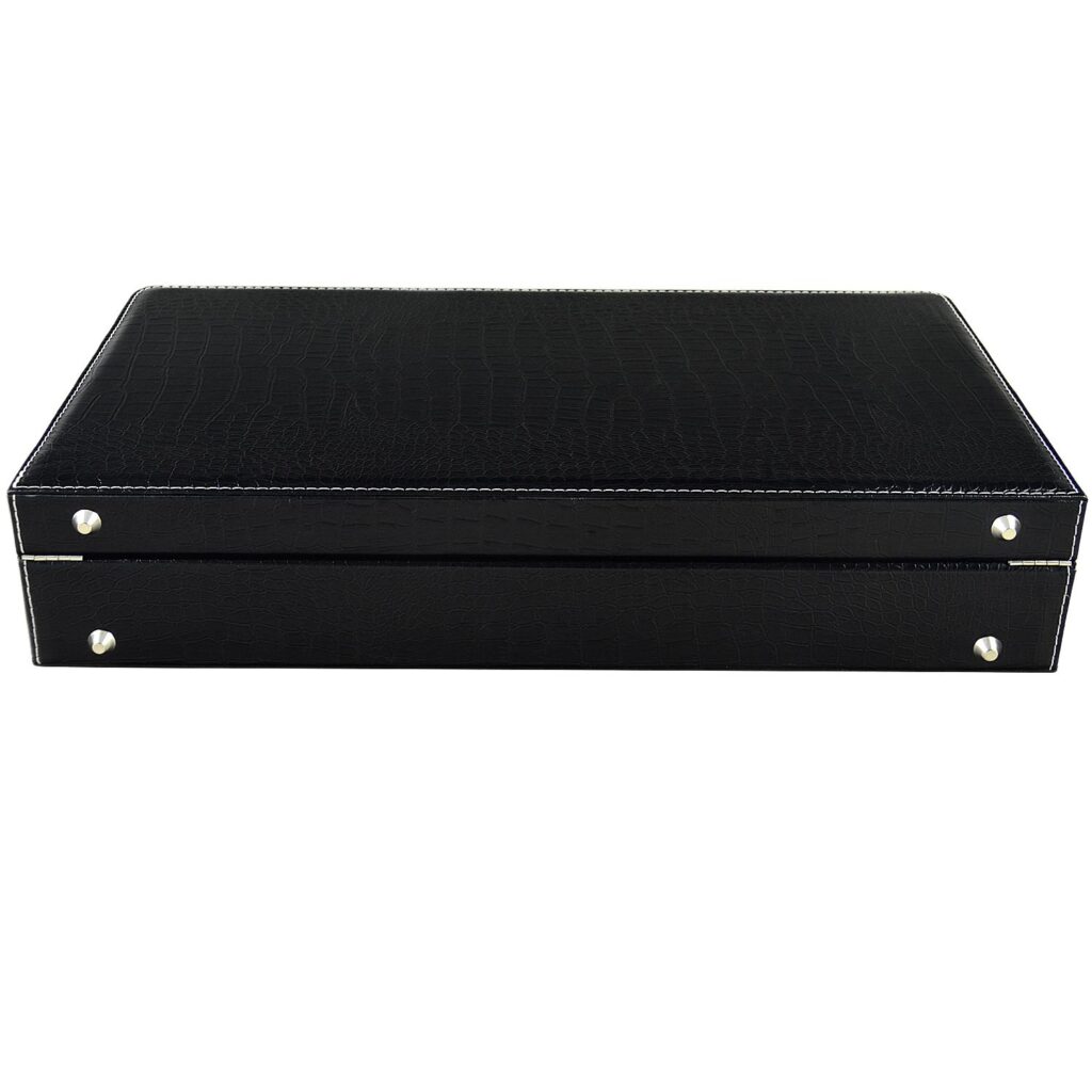 Bottom view of black PU leather watch case with crocodile grain surface