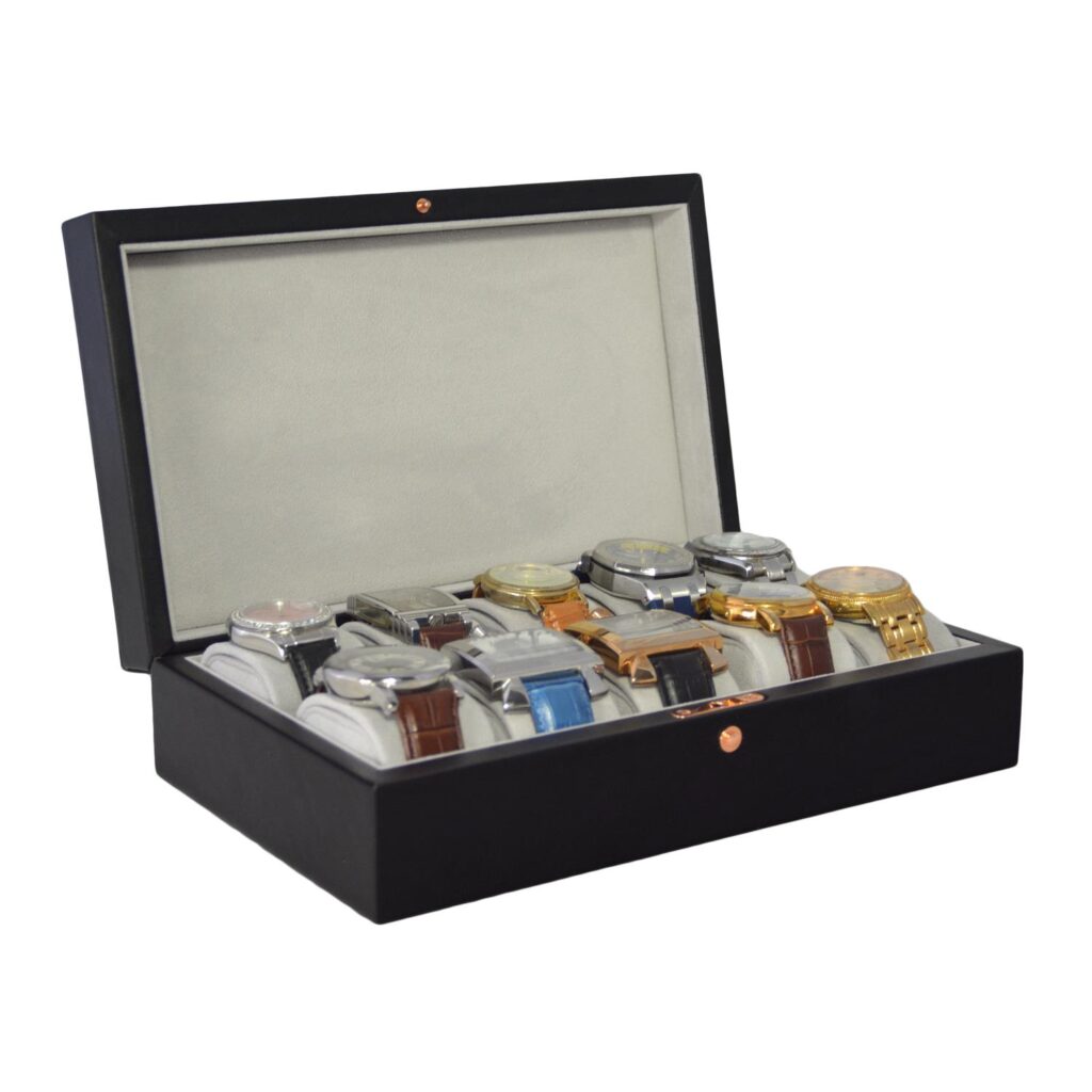 Black PU leather 10 slot watch storage box with grey velvet interior and watches
