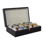 Black PU leather 10 slot watch storage box with grey velvet interior and watches