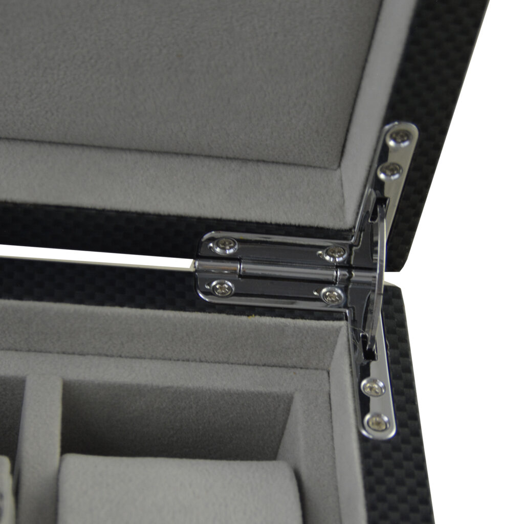 Watch case interior with velvet wrapped watch cushions