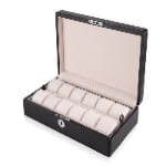 Carbon fiber 12 slot watch case with beige velvet interior and watch cushions
