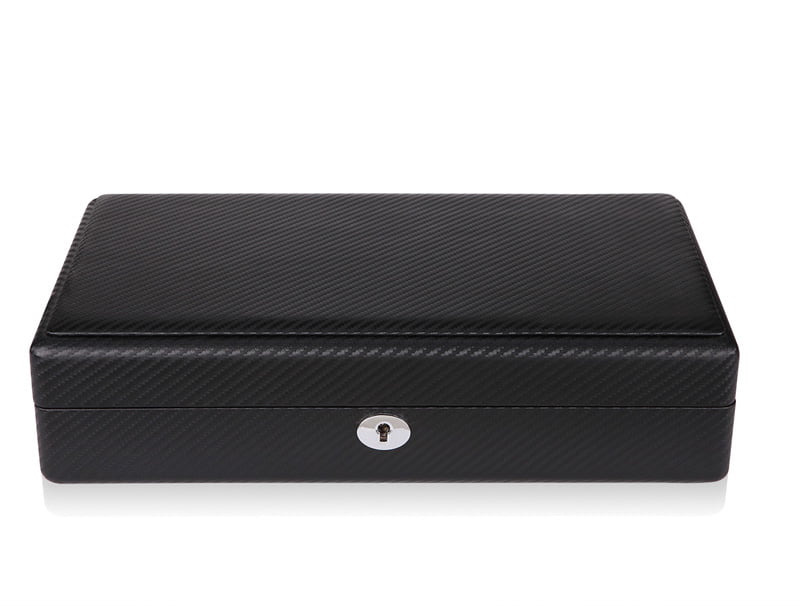 12 watch storage case with carbon fiber exterior and organized compartments