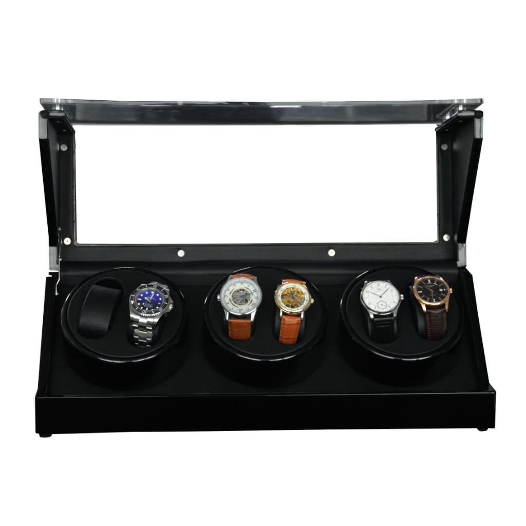 Three slots watch winder displaying watches inside black luxury case