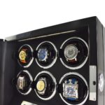 Interior view of 6 watch winder with LED lighting and circular winding compartments