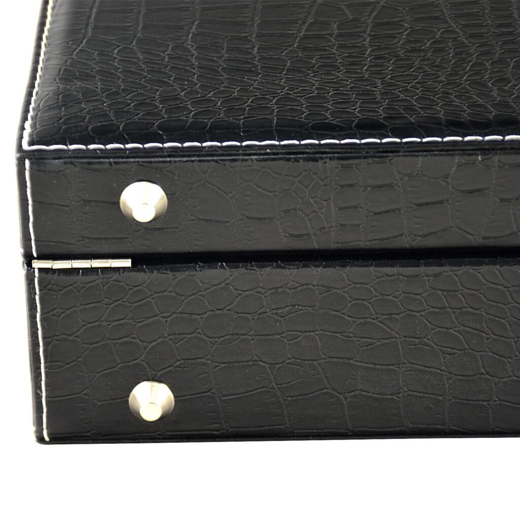 Close-up of crocodile grain PU leather watch case surface and stitching detail