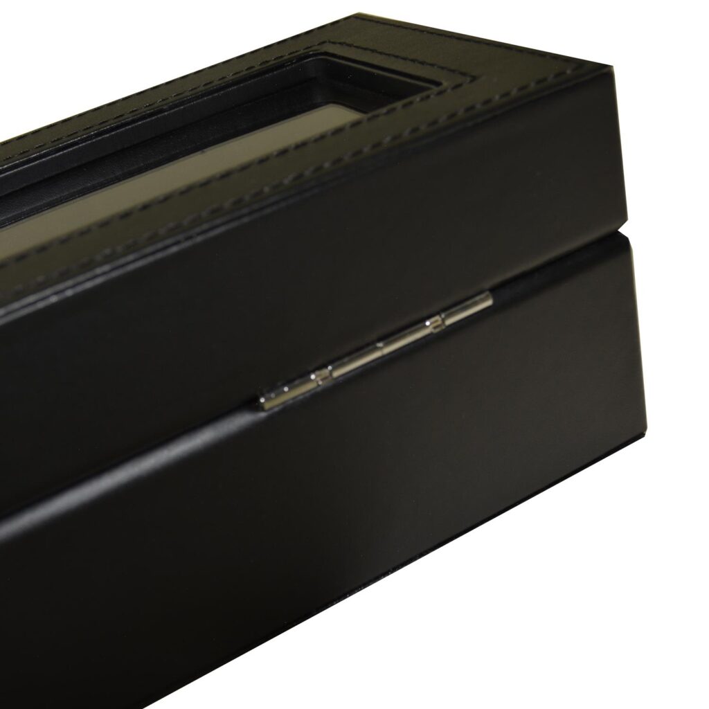 Black watch display box with acrylic top and six watch compartments