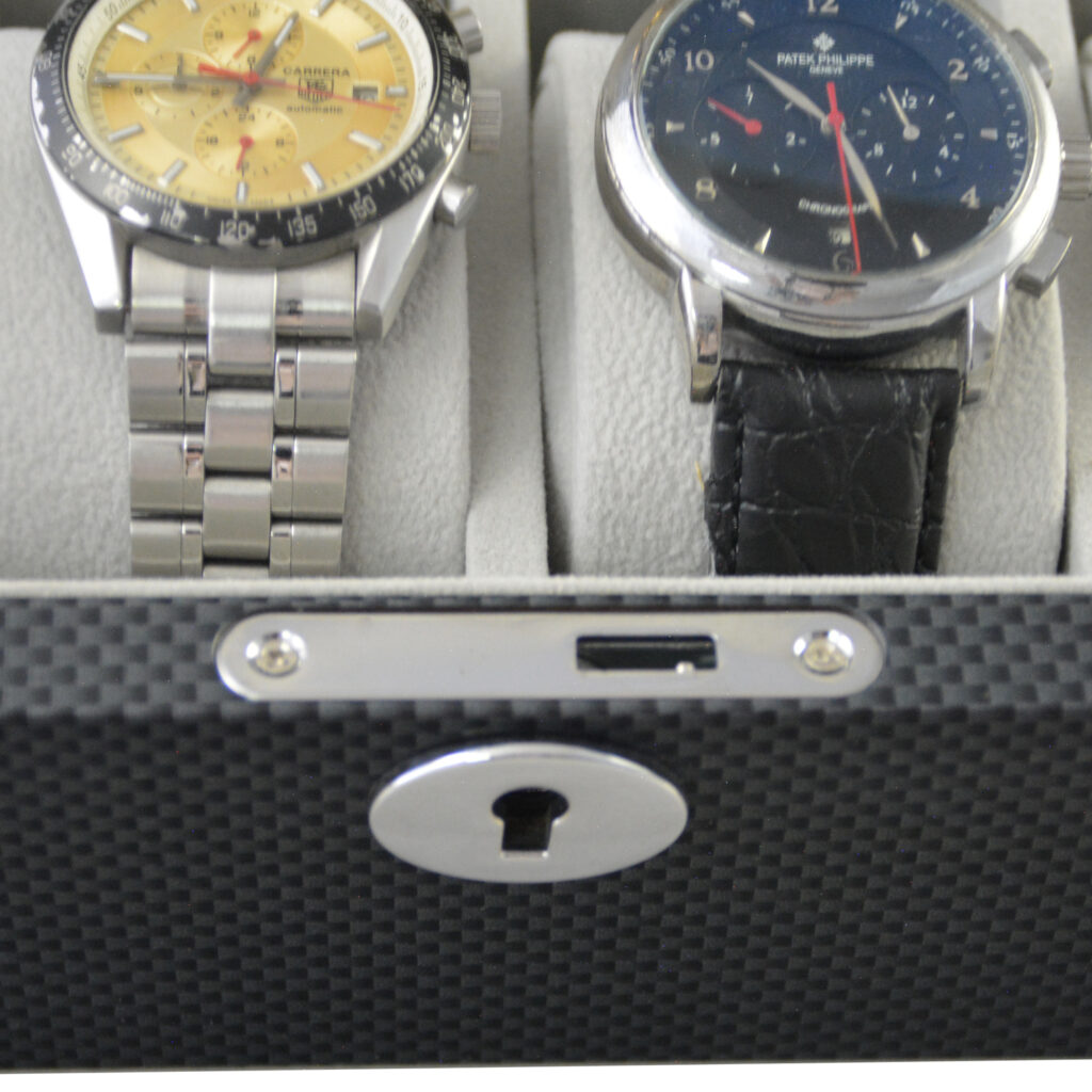 Carbon fiber watch case hinge detail with interior lining