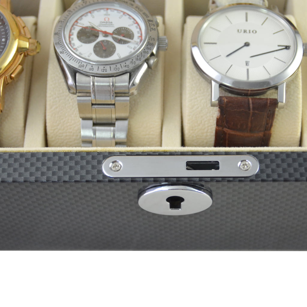 Carbon fiber watch box hinge detail and textured exterior