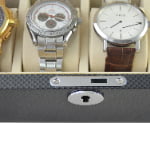 Carbon fiber watch box hinge detail and textured exterior