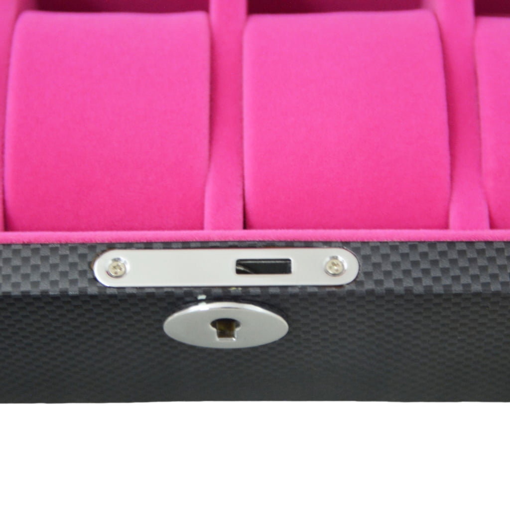 Watch case interior showing velvet cushions and storage compartments