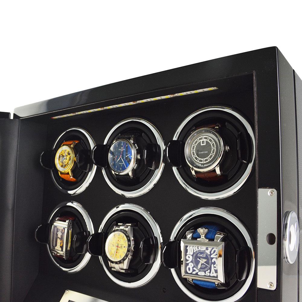 Interior view of 6 watch winder with LED lighting and circular winding compartments