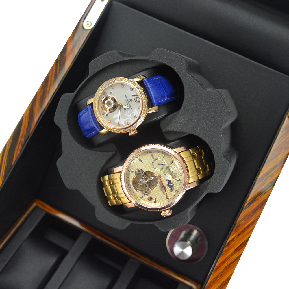 Black zebra wood grain watch winder interior with watch cushions and PU leather finish