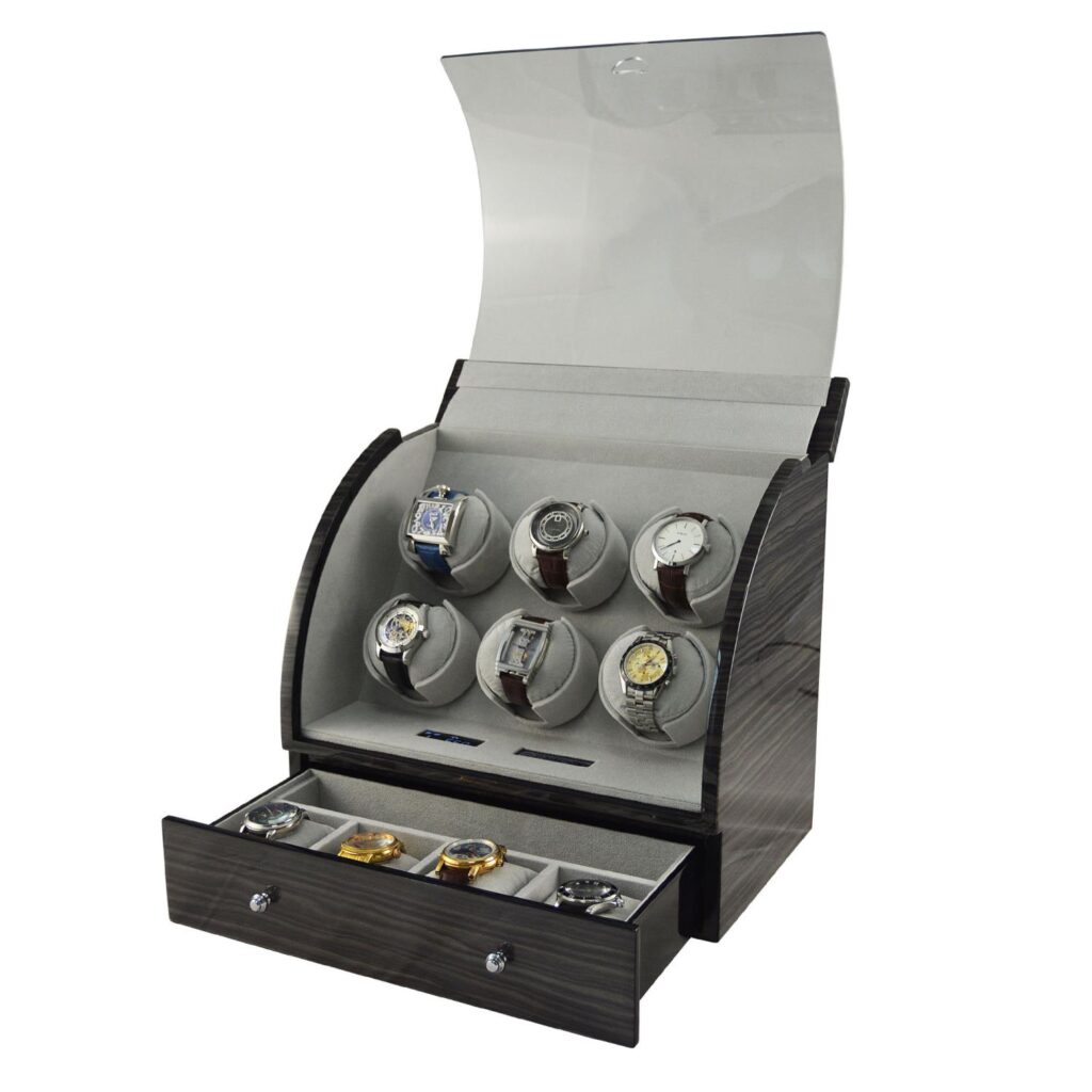 Dark oak automatic watch winder angle side with high glossy lacquer