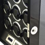 9 watch winder fingerprint lock detail beside carbon fibre-style exterior panel