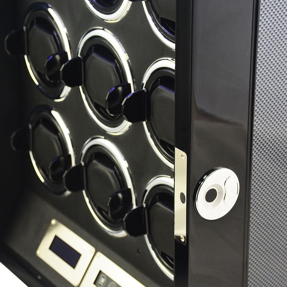 9 watch winder fingerprint lock detail beside carbon fibre-style exterior panel