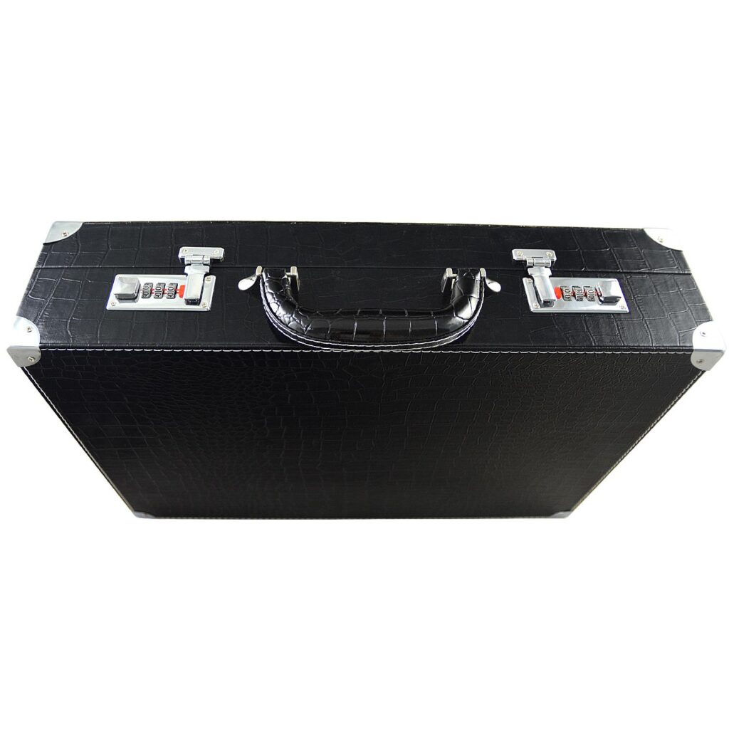 Top view of black PU leather 24 watch suitcase with carry handle and dual locks