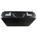 Top view of black PU leather 24 watch suitcase with carry handle and dual locks