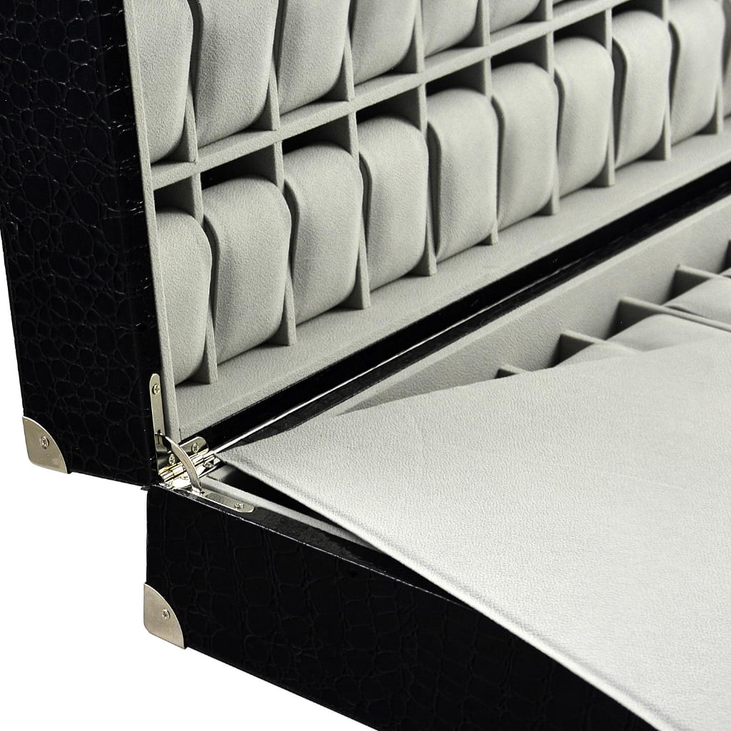 Open 60 slot watch suitcase box with apricot velvet interior and watch compartments
