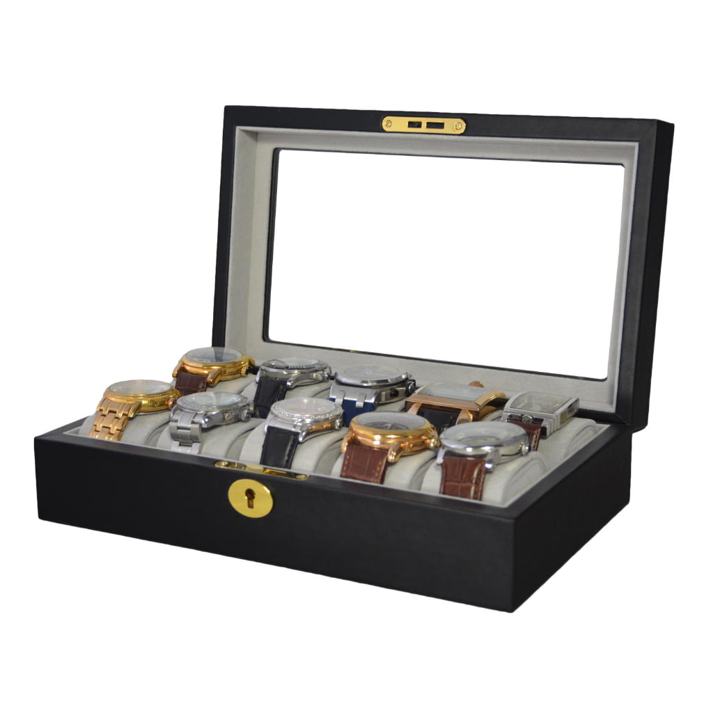 Open luxury 10 slot watch display case with watches and velvet cushions